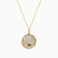 A 14K yellow gold necklace featuring a Mother of Pearl Evil Eye pendant, accented with diamonds and a sapphire gemstone, shown against a white background.