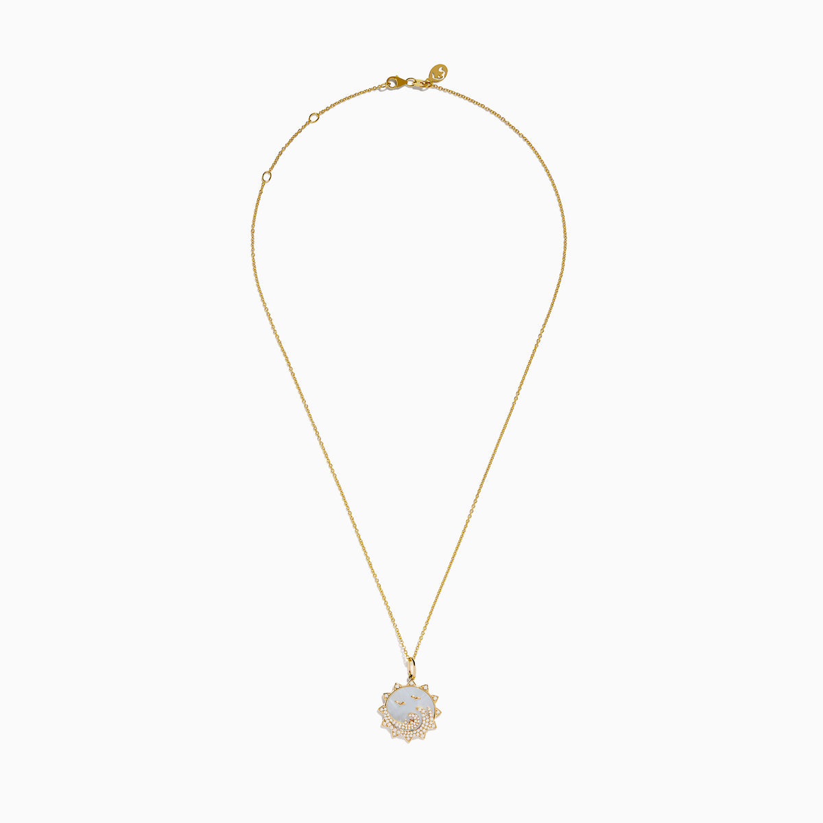 The Seaside 14K Yellow Gold Mother Of Pearl and Diamond Bird and Sea Pendant features a sun-inspired design with bird silhouettes, wave accents with diamonds, a mother-of-pearl background, and a delicate gold chain.