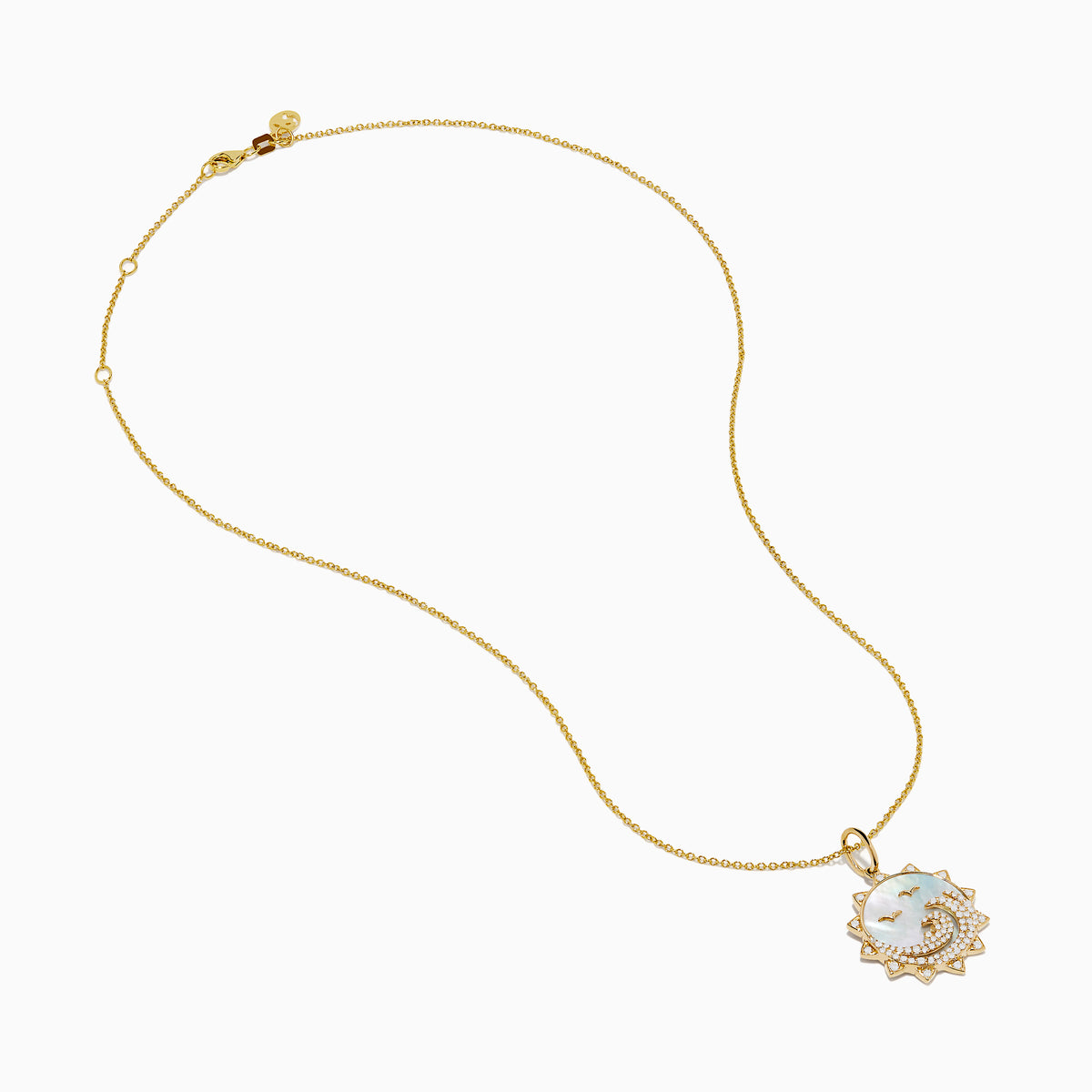 The Seaside 14K Yellow Gold Mother Of Pearl and Diamond Bird and Sea Pendant features a sun-inspired design with bird silhouettes, wave accents with diamonds, a mother-of-pearl background, and a delicate gold chain.