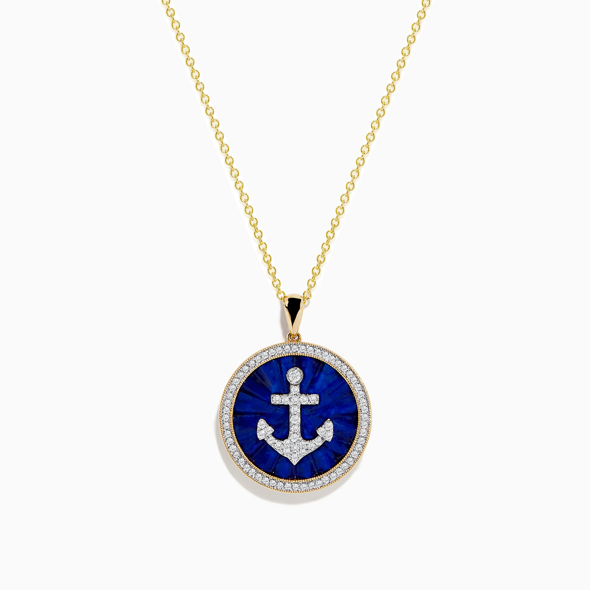 The Seaside 14K Yellow Gold Lapis and Diamond Anchor Pendant showcases a round lapis centerpiece with a diamond anchor motif on deep blue, bordered by sparkling diamonds and suspended from a yellow gold chain.