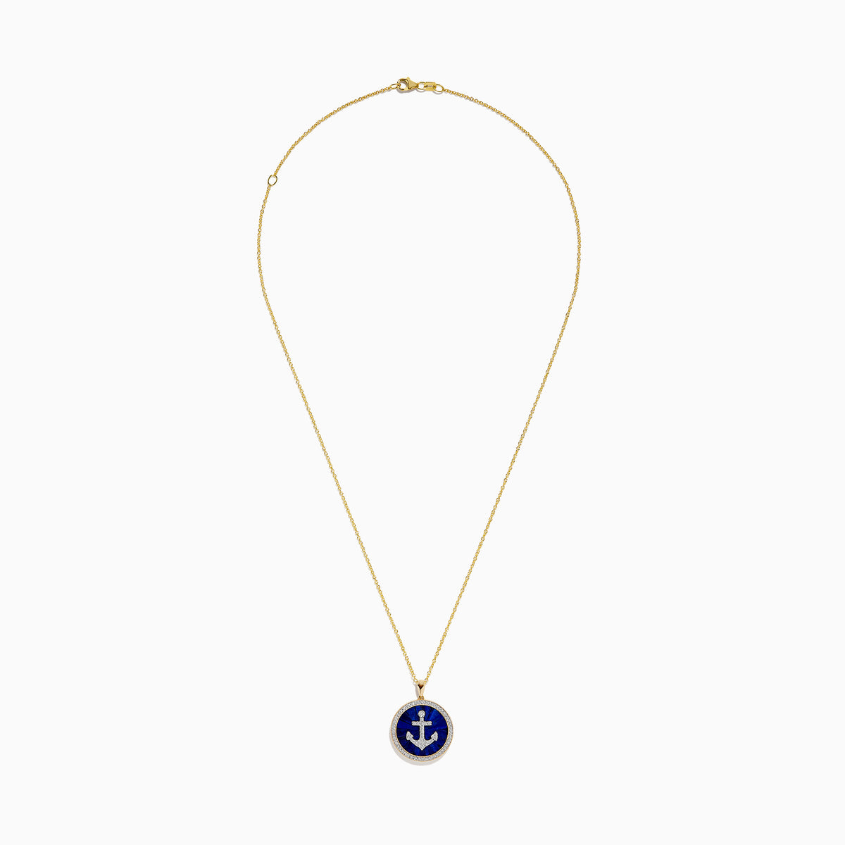 The Seaside 14K Yellow Gold Lapis and Diamond Anchor Pendant showcases a round lapis centerpiece with a diamond anchor motif on deep blue, bordered by sparkling diamonds and suspended from a yellow gold chain.