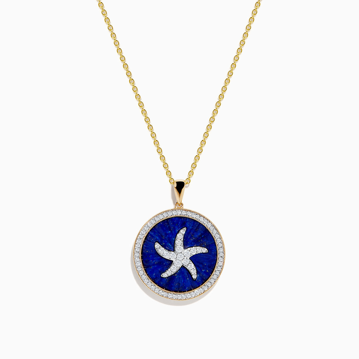 The Seaside 14K Yellow Gold Lapis and Diamond Starfish Pendant features a round lapis center with a white starfish design and a border of sparkling diamonds.