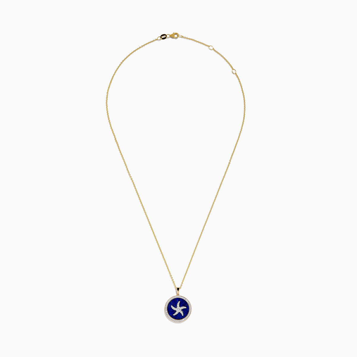 The Seaside 14K Yellow Gold Lapis and Diamond Starfish Pendant features a round lapis center with a white starfish design and a border of sparkling diamonds.