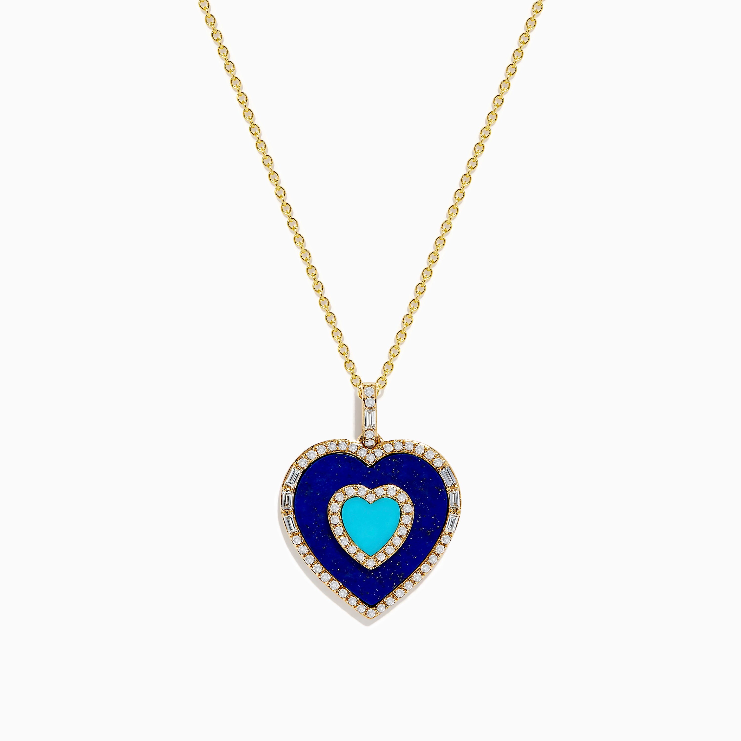 Novelty 14K Yellow Gold Lapis, Turquoise and Diamond Heart Pendant
