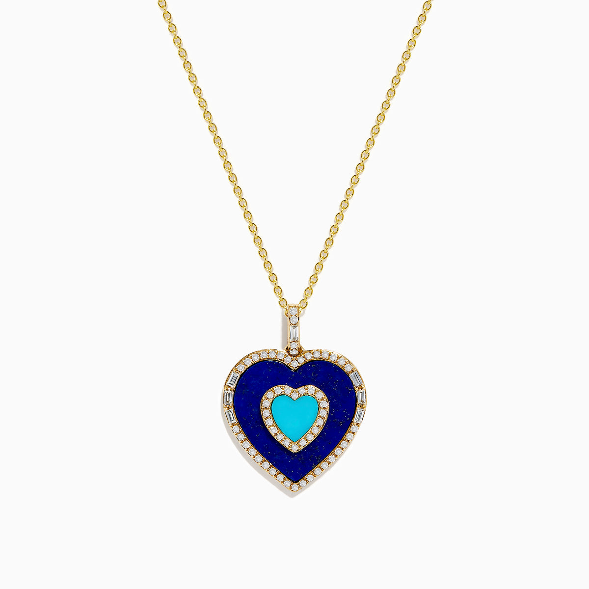 The Novelty 14K Yellow Gold Lapis, Turquoise and Diamond Heart Pendant features a turquoise heart center framed by lapis-blue and bordered with sparkling diamonds on a gold chain.