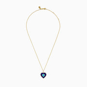 The Novelty 14K Yellow Gold Lapis, Turquoise and Diamond Heart Pendant features a turquoise heart center framed by lapis-blue and bordered with sparkling diamonds on a gold chain.