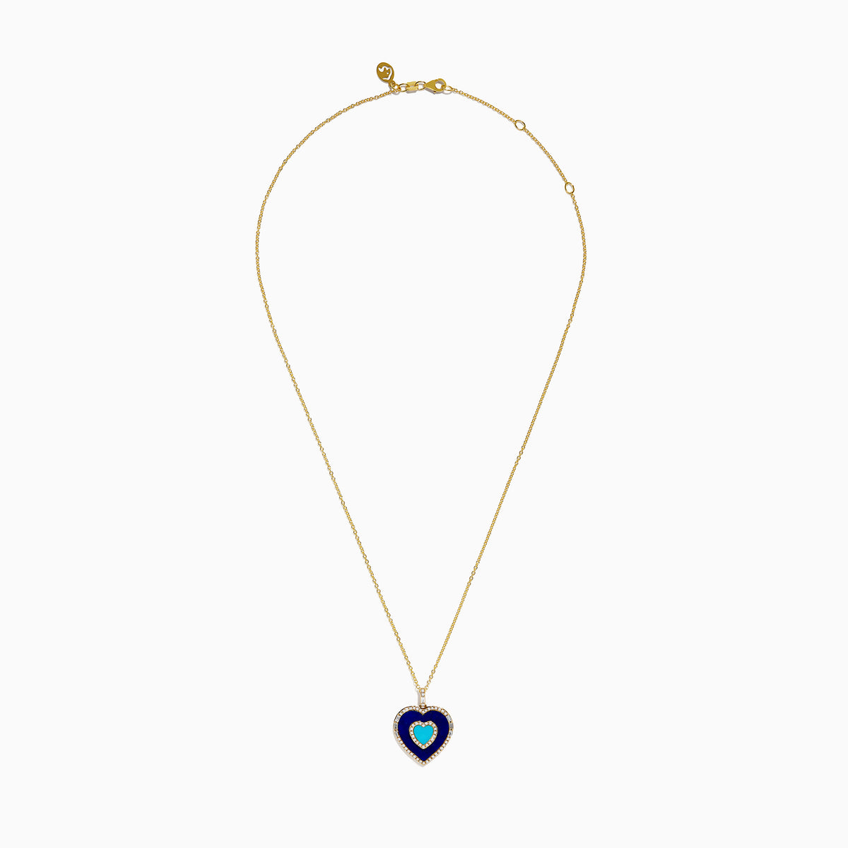 The Novelty 14K Yellow Gold Lapis, Turquoise and Diamond Heart Pendant features a turquoise heart center framed by lapis-blue and bordered with sparkling diamonds on a gold chain.
