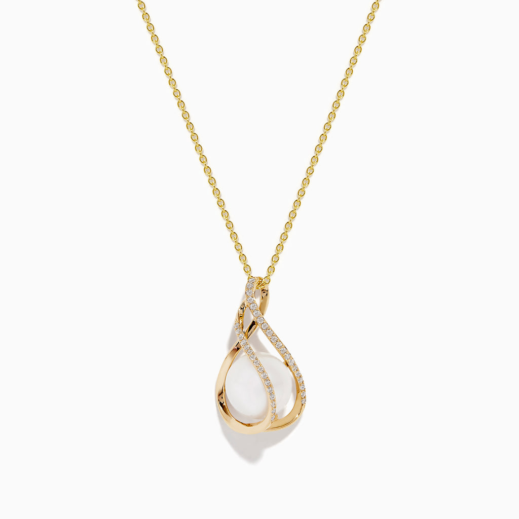 A 14K yellow gold necklace featuring a freshwater pearl and diamond pendant, with intertwined diamond-encrusted loops, displayed on a white background.