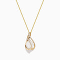A 14K yellow gold necklace featuring a freshwater pearl and diamond pendant, with intertwined diamond-encrusted loops, displayed on a white background.
