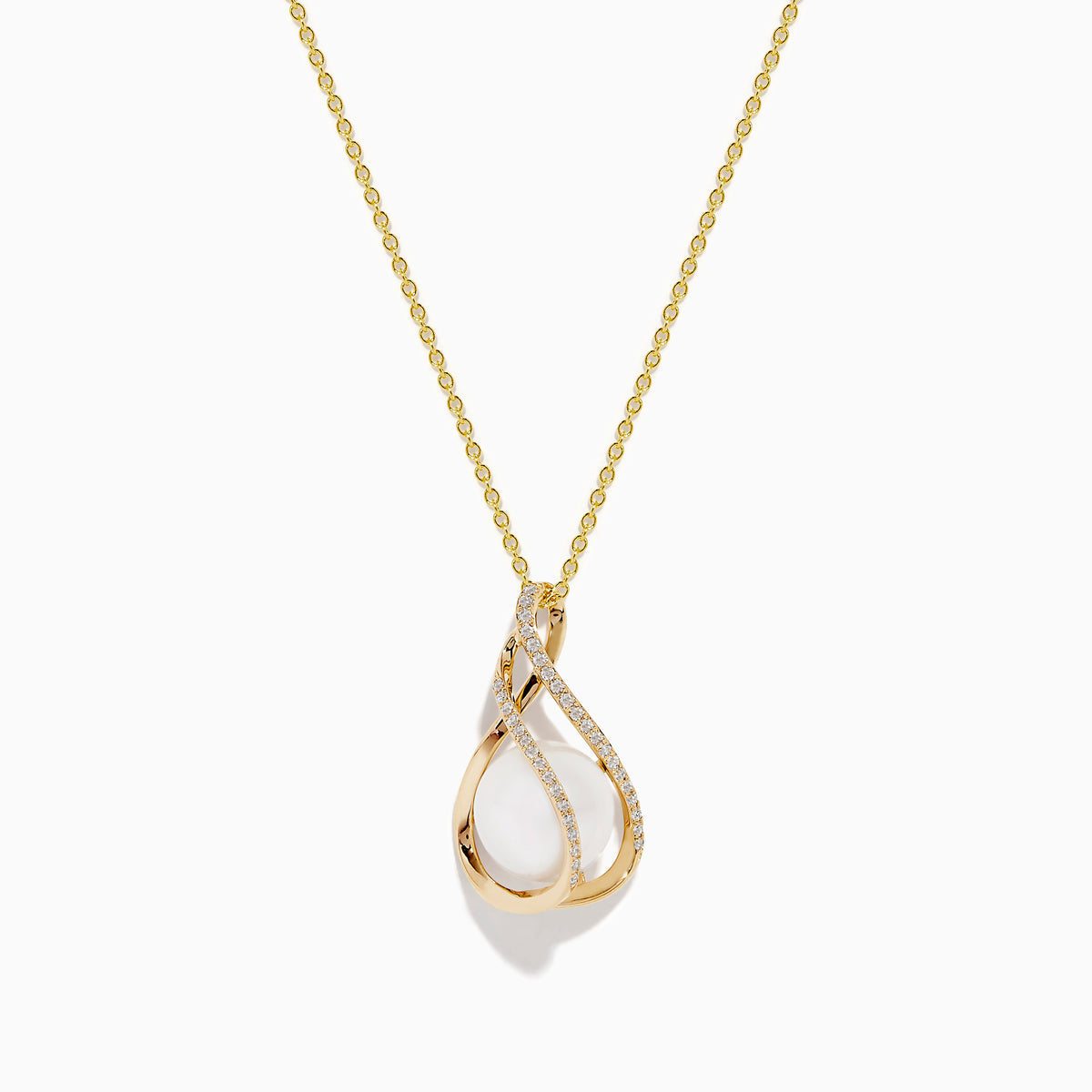 A 14K yellow gold necklace featuring a freshwater pearl and diamond pendant, with intertwined diamond-encrusted loops, displayed on a white background.