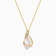 A 14K yellow gold necklace featuring a freshwater pearl and diamond pendant, with intertwined diamond-encrusted loops, displayed on a white background.