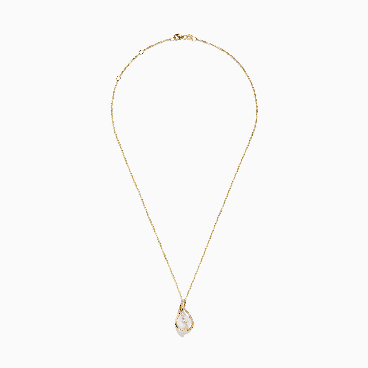 A 14K yellow gold necklace featuring a freshwater pearl and diamond pendant, with intertwined diamond-encrusted loops, displayed on a white background.