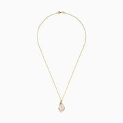 A 14K yellow gold necklace featuring a freshwater pearl and diamond pendant, with intertwined diamond-encrusted loops, displayed on a white background.
