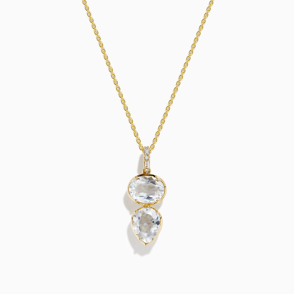 A 14K yellow gold necklace featuring a pendant with an oval and teardrop-shaped white topaz and diamond, stacked vertically for an elegant look.