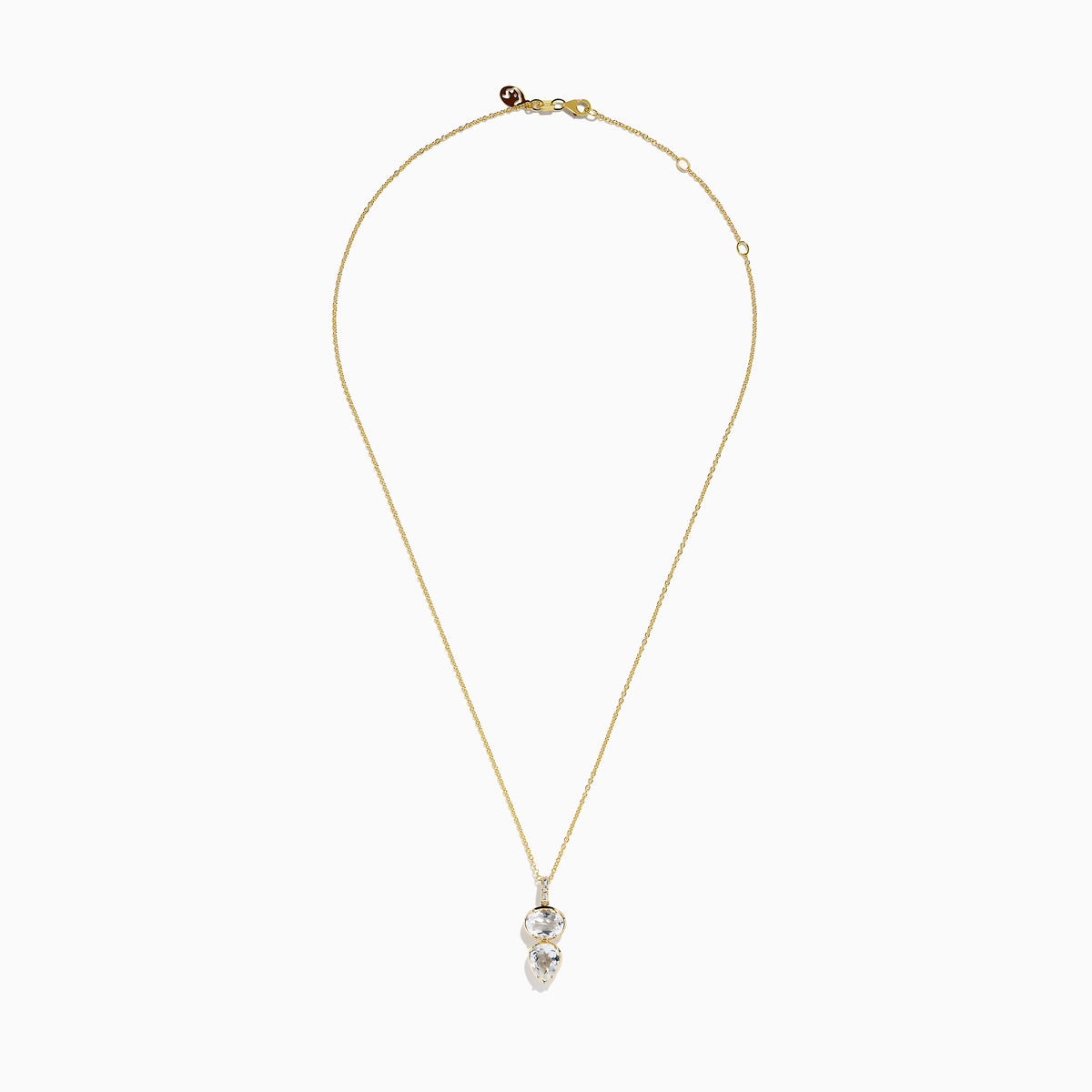 A 14K yellow gold necklace featuring a pendant with an oval and teardrop-shaped white topaz and diamond, stacked vertically for an elegant look.