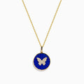 The Nature 14K Yellow Gold Lapis and Diamond Butterfly Pendant features a circular lapis-blue butterfly design accented with sparkling diamonds at the center.