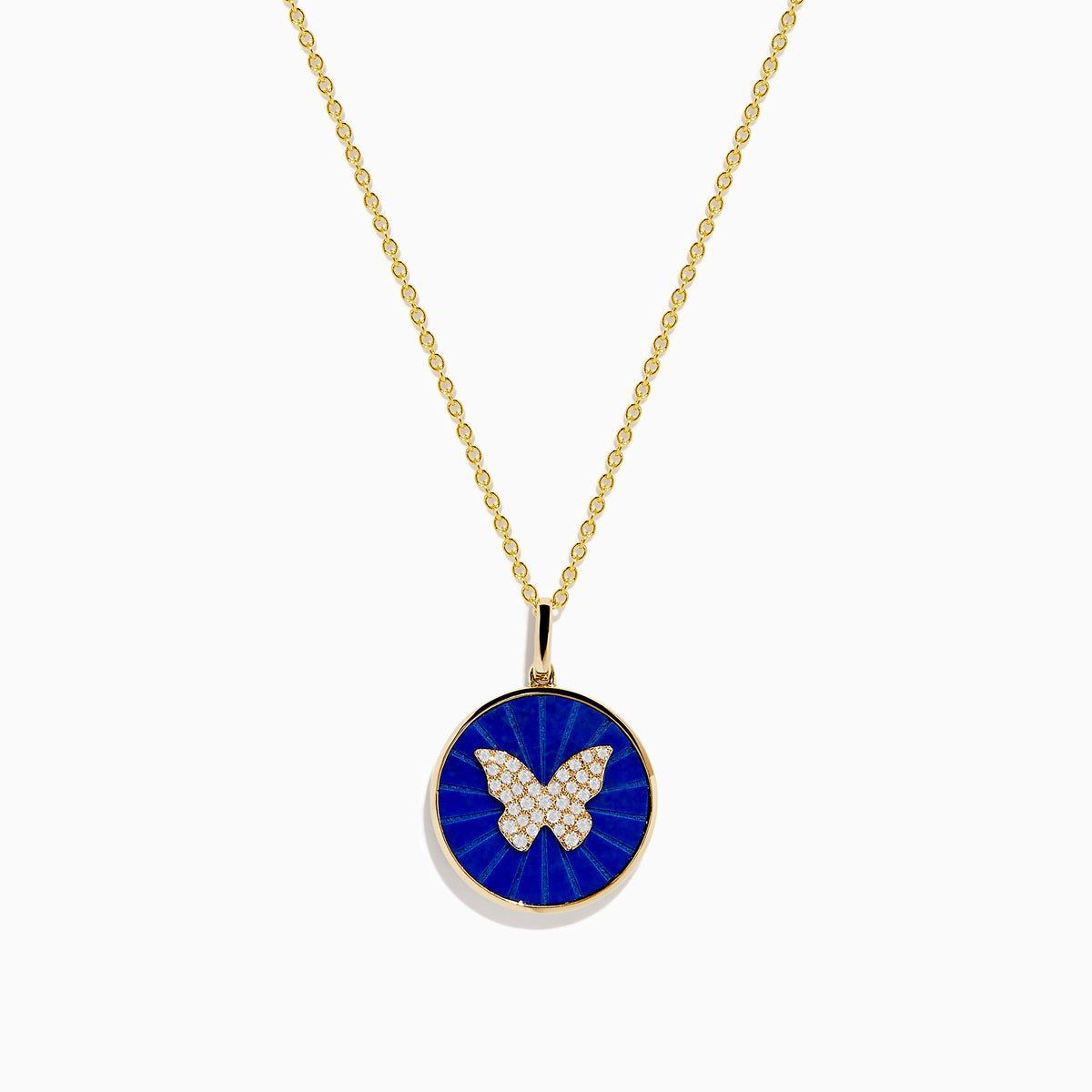 The Nature 14K Yellow Gold Lapis and Diamond Butterfly Pendant features a circular lapis-blue butterfly design accented with sparkling diamonds at the center.