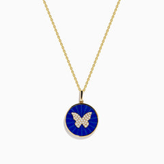 The Nature 14K Yellow Gold Lapis and Diamond Butterfly Pendant features a circular lapis-blue butterfly design accented with sparkling diamonds at the center.