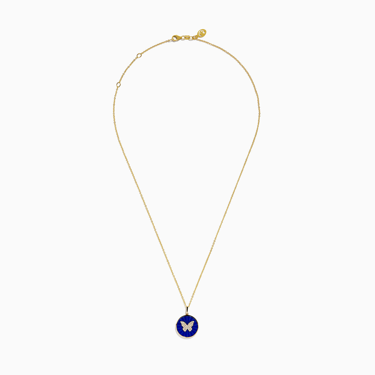 The Nature 14K Yellow Gold Lapis and Diamond Butterfly Pendant features a circular lapis-blue butterfly design accented with sparkling diamonds at the center.