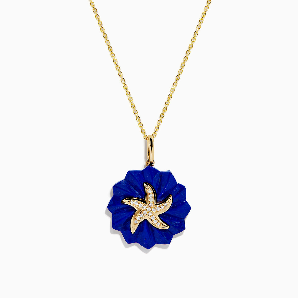The Seaside 14K Yellow Gold Lapis and Diamond Starfish Pendant features a lapis flower-shaped design and a diamond-accented starfish with white crystal details at the center.