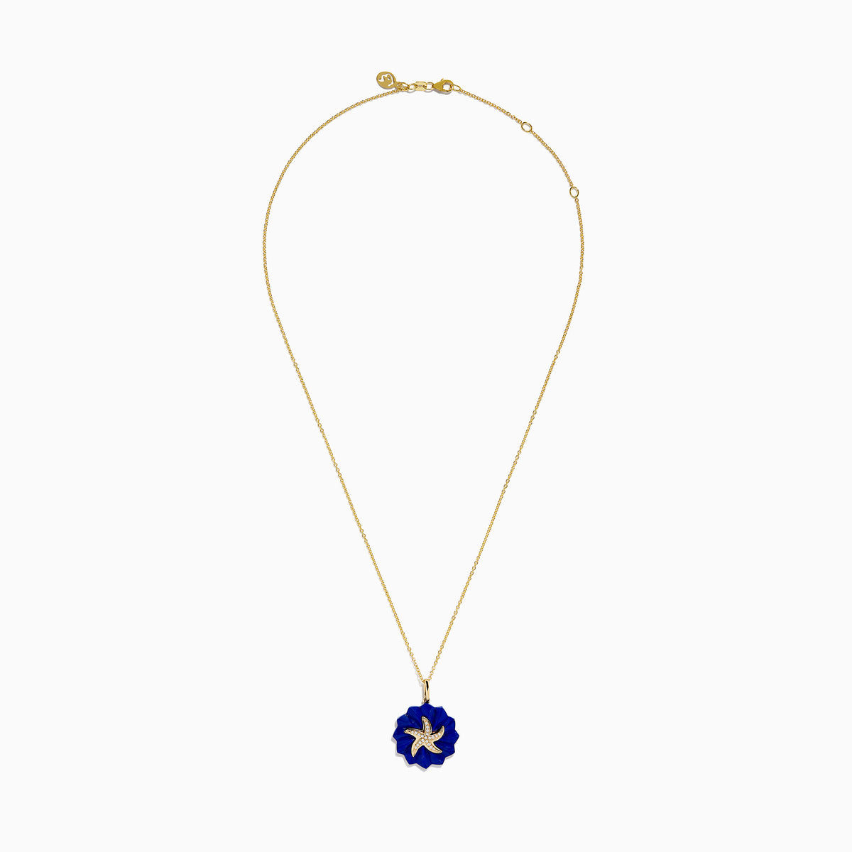 The Seaside 14K Yellow Gold Lapis and Diamond Starfish Pendant features a lapis flower-shaped design and a diamond-accented starfish with white crystal details at the center.