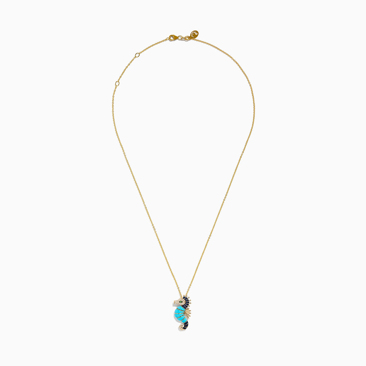 This 14K Yellow Gold necklace features a Seahorse Pendant adorned with turquoise, sapphire, tsavorite, and diamond gemstones on a delicate chain.