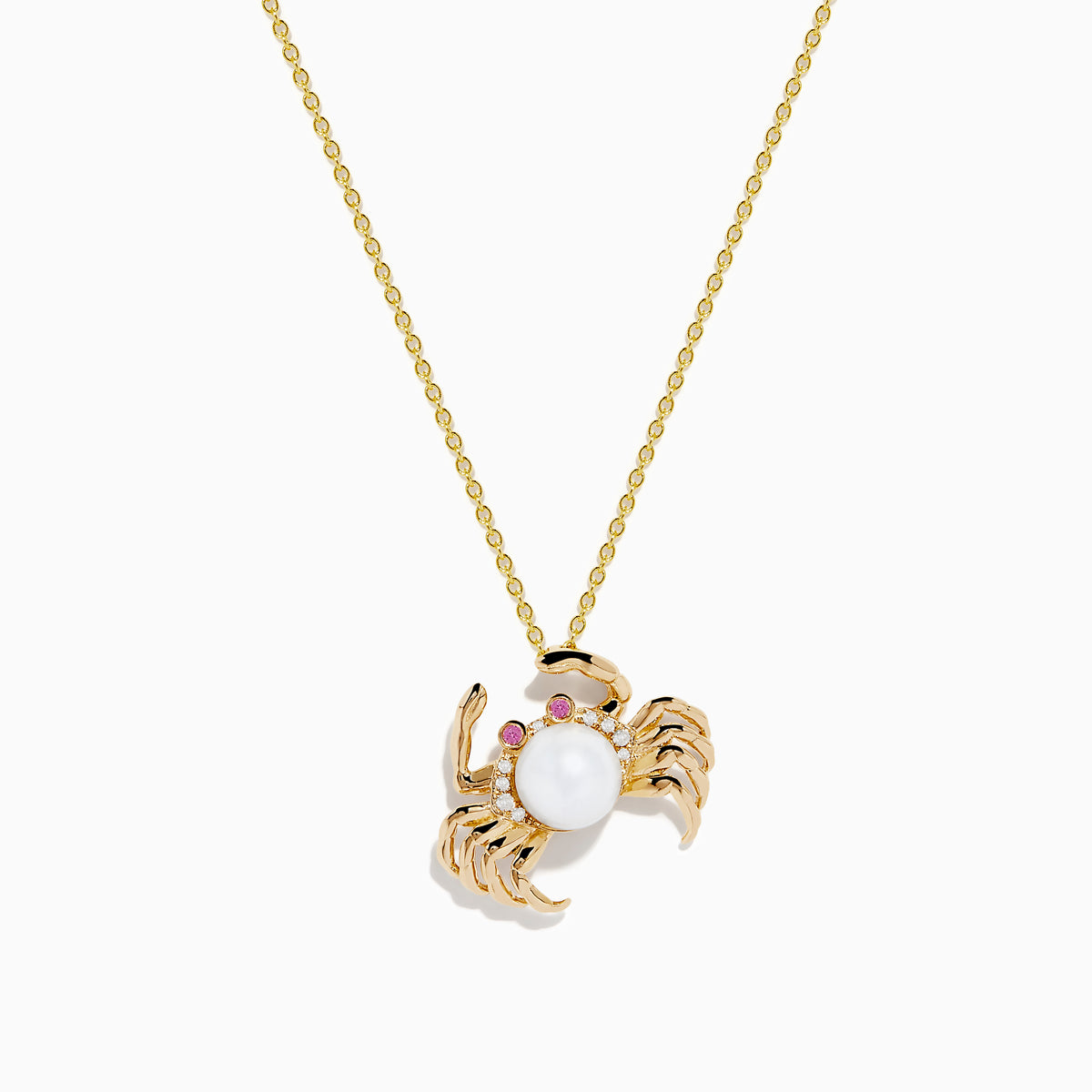 The 14K Yellow Gold Freshwater Pearl, Pink Sapphire and Diamond Crab Pendant features a charming crab with a freshwater pearl body, pink sapphire eyes, and diamond accents on a delicate chain.