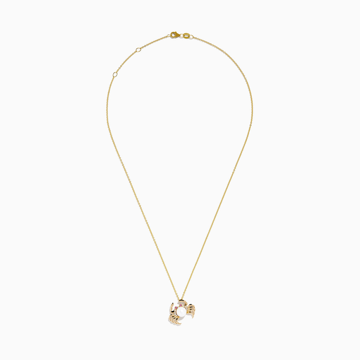 The 14K Yellow Gold Freshwater Pearl, Pink Sapphire and Diamond Crab Pendant features a charming crab with a freshwater pearl body, pink sapphire eyes, and diamond accents on a delicate chain.