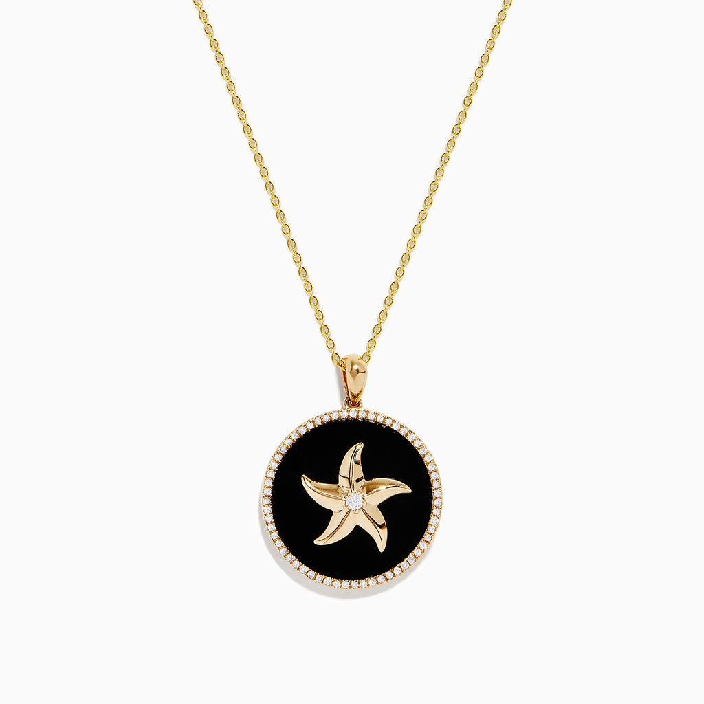 The Seaside 14K Yellow Gold Black Agate and Diamond Starfish Pendant features a gold starfish with a central gem on black agate, edged with sparkling diamonds and suspended from a yellow gold chain.