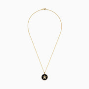 The Seaside 14K Yellow Gold Black Agate and Diamond Starfish Pendant features a gold starfish with a central gem on black agate, edged with sparkling diamonds and suspended from a yellow gold chain.