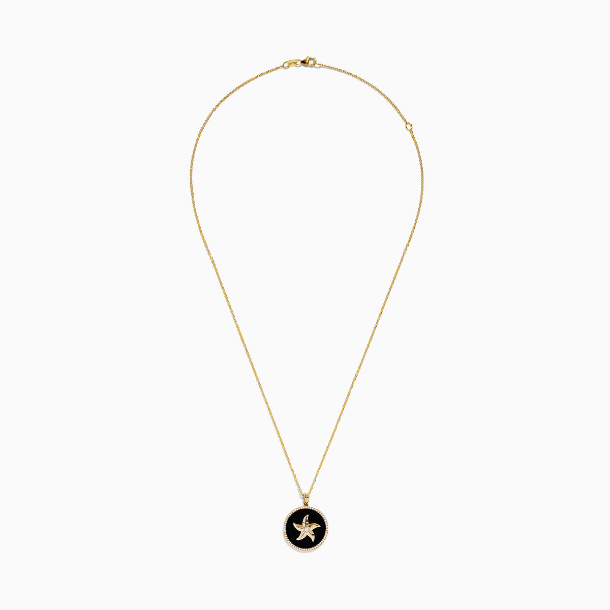 The Seaside 14K Yellow Gold Black Agate and Diamond Starfish Pendant features a gold starfish with a central gem on black agate, edged with sparkling diamonds and suspended from a yellow gold chain.