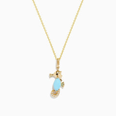 The Seaside 14K Yellow Gold Turquoise and Diamond Seahorse Pendant features a seahorse with a turquoise stone body and diamond accents on the tail, hanging from a delicate gold chain.