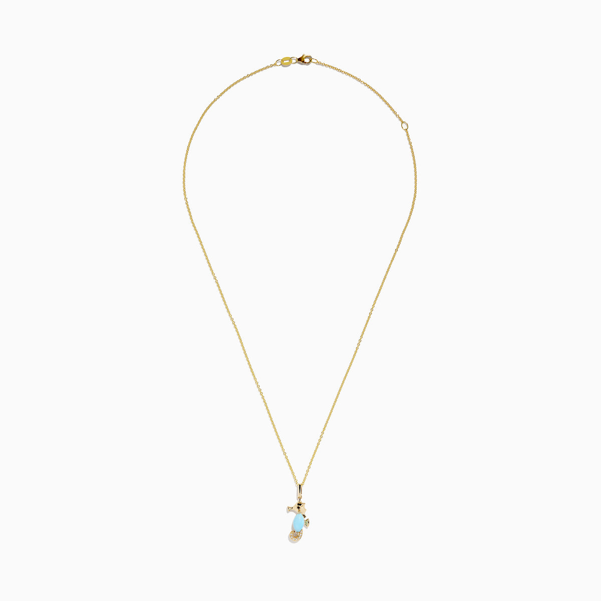The Seaside 14K Yellow Gold Turquoise and Diamond Seahorse Pendant features a seahorse with a turquoise stone body and diamond accents on the tail, hanging from a delicate gold chain.