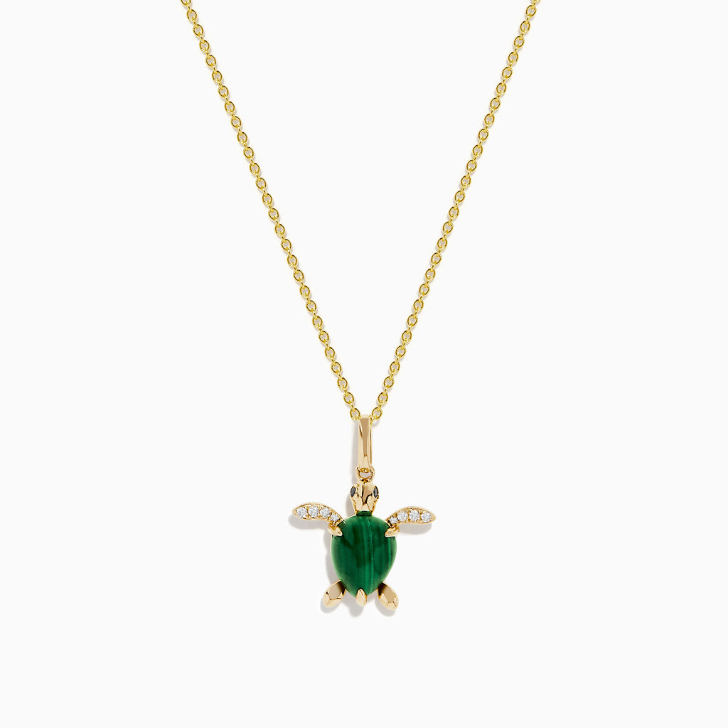 The Seaside 14K Yellow Gold Malachite and Diamond Turtle Pendant features a malachite shell and sparkling diamonds on the flippers, displayed against a white background.