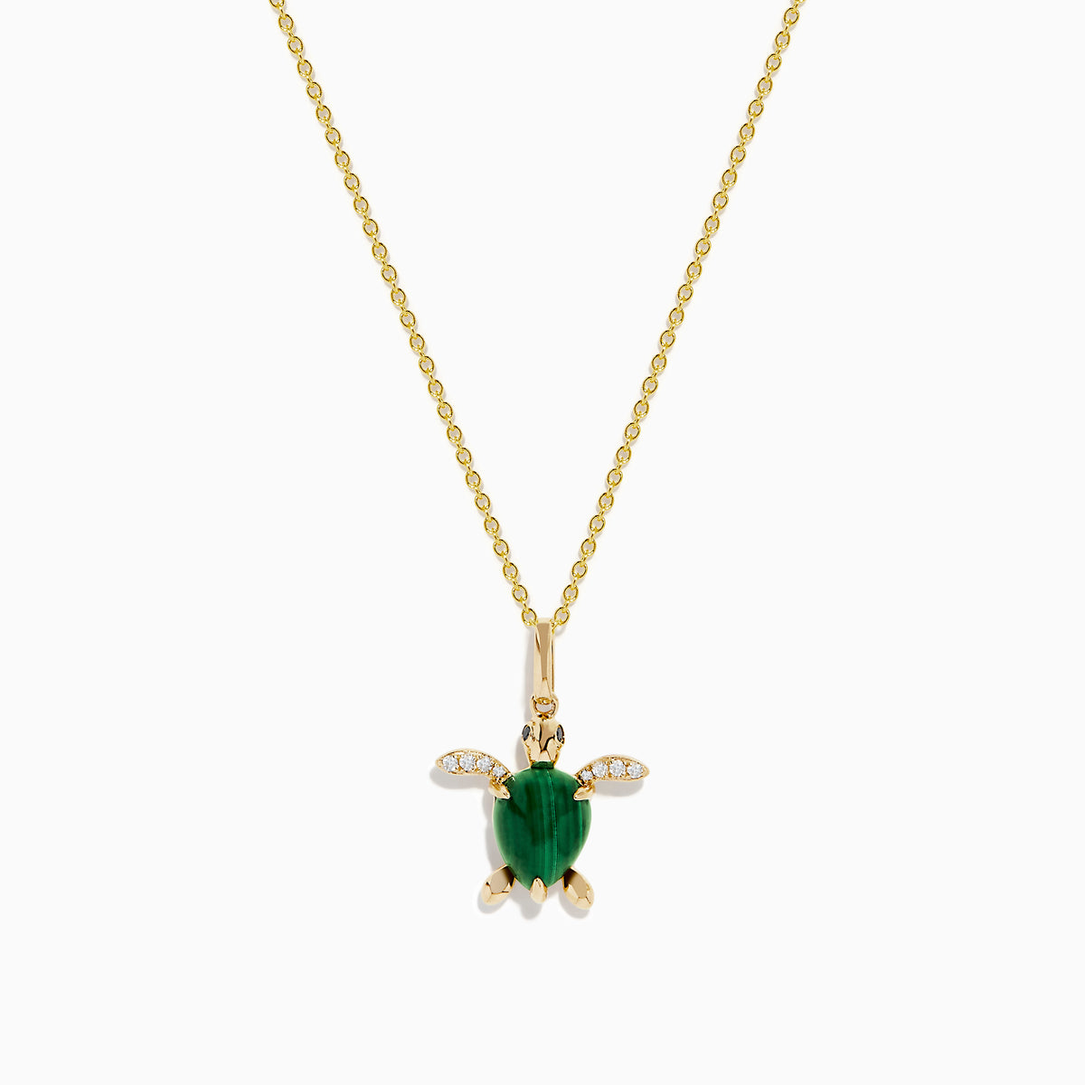 The Seaside 14K Yellow Gold Malachite and Diamond Turtle Pendant features a malachite shell and sparkling diamonds on the flippers, displayed against a white background.