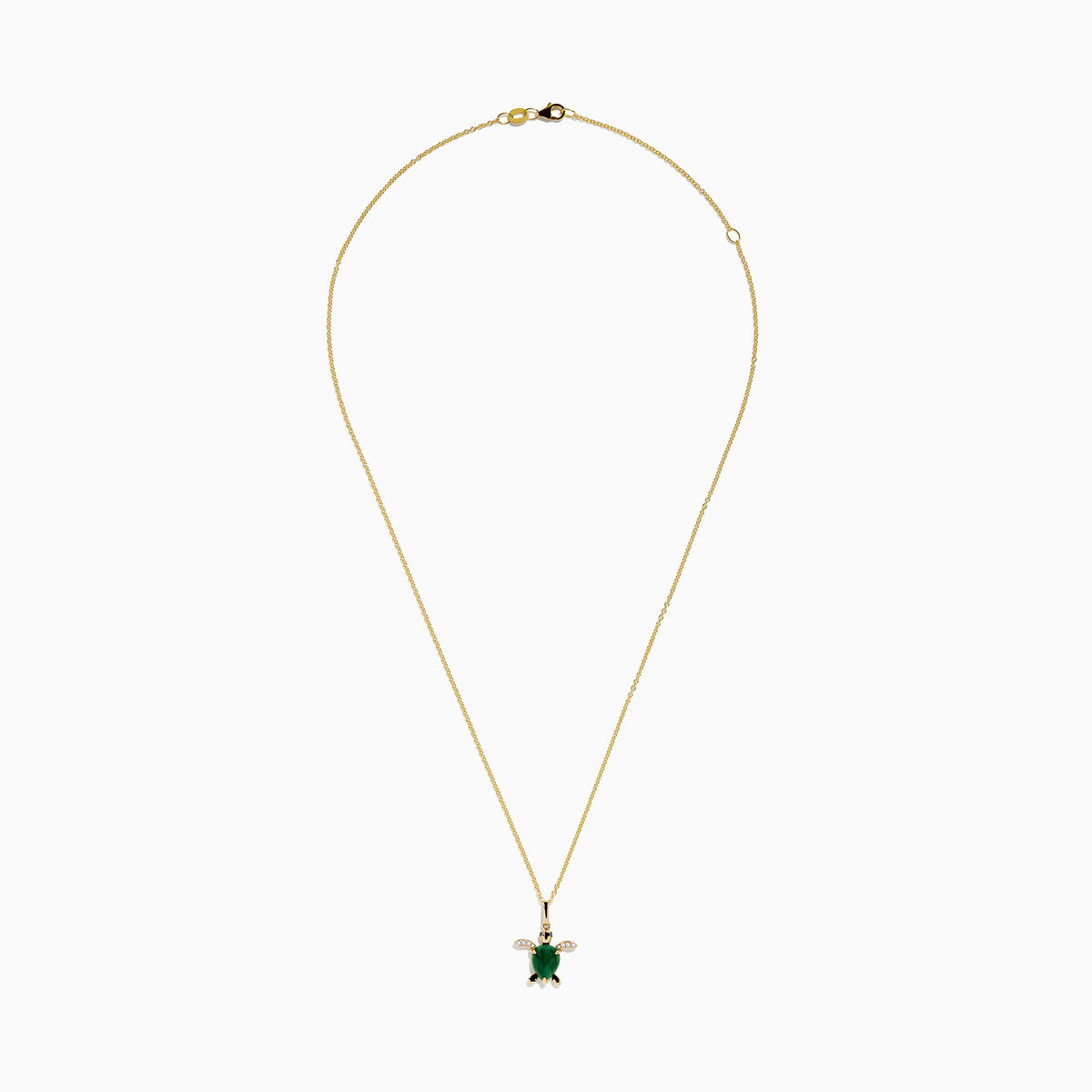 The Seaside 14K Yellow Gold Malachite and Diamond Turtle Pendant features a malachite shell and sparkling diamonds on the flippers, displayed against a white background.
