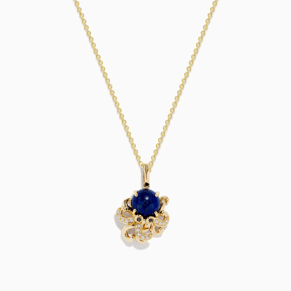 Seaside 14K Yellow Gold Lapis Lazuli Octopus Pendant features a deep blue lapis lazuli center accented with small clear stones in an ornate, sea-inspired 14K yellow gold setting.