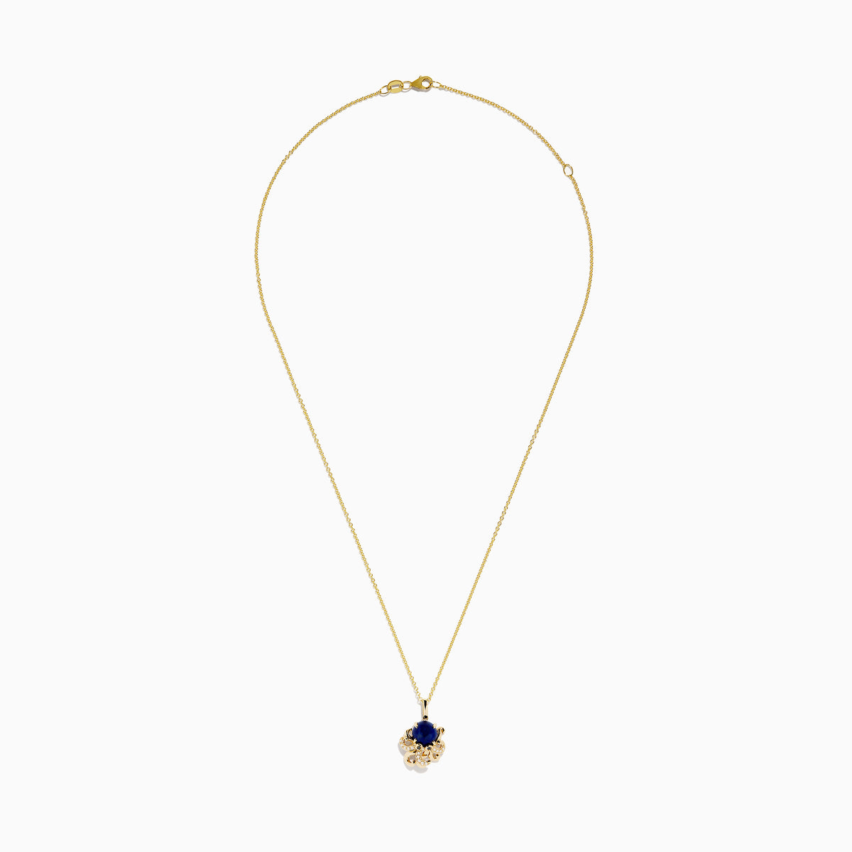 Seaside 14K Yellow Gold Lapis Lazuli Octopus Pendant features a deep blue lapis lazuli center accented with small clear stones in an ornate, sea-inspired 14K yellow gold setting.