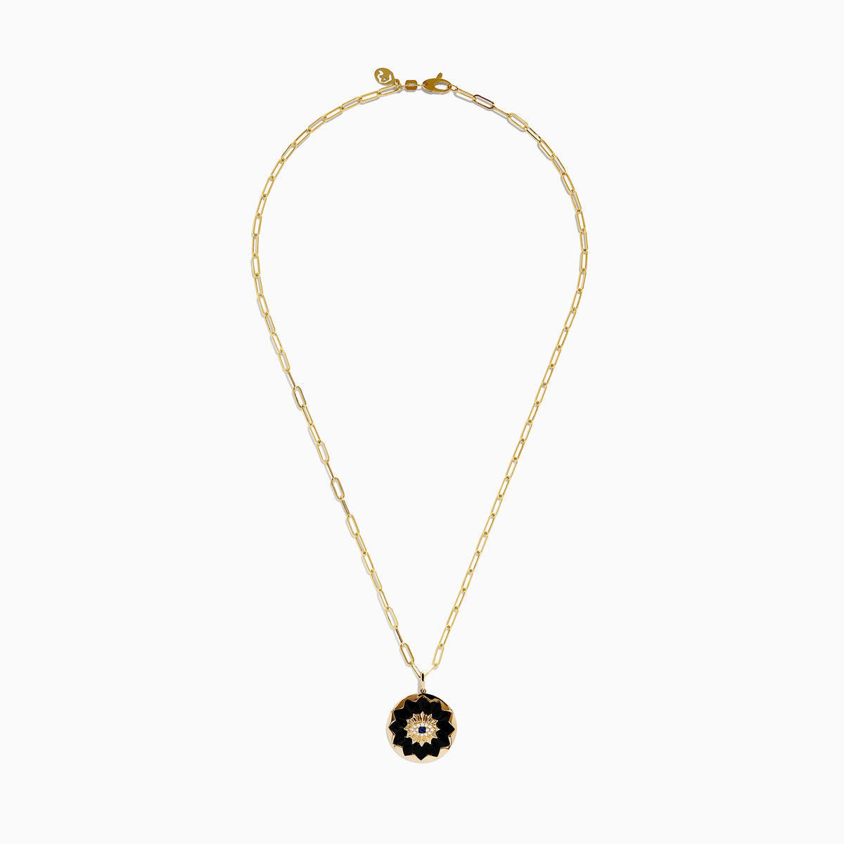 14K yellow gold evil eye pendant featuring sapphire, onyx, and diamond accents, displayed against a white background.