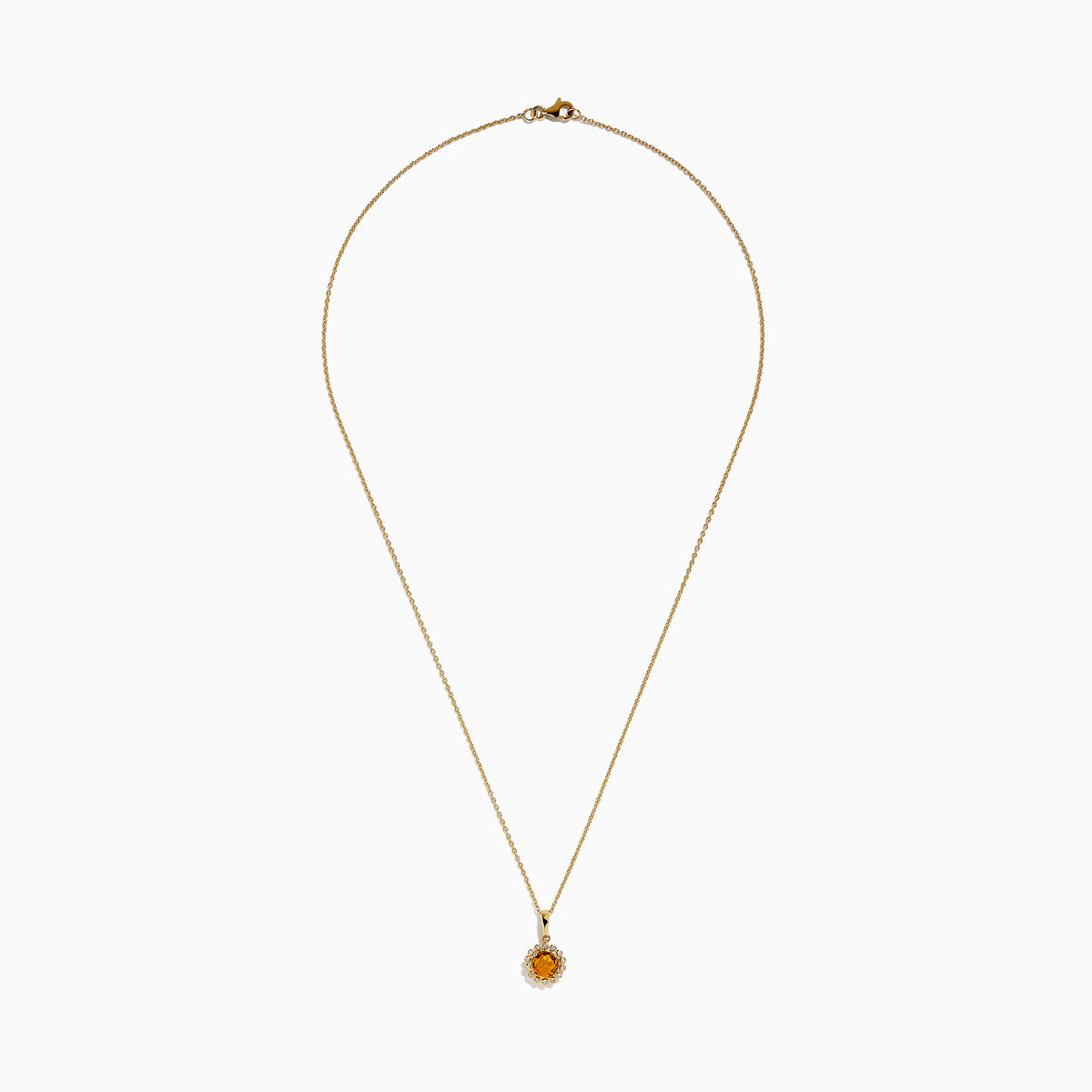 The 14K Yellow Gold Citrine and Diamond Halo Pendant features a round citrine center with a diamond halo, set on a gold chain and displayed against a white background.