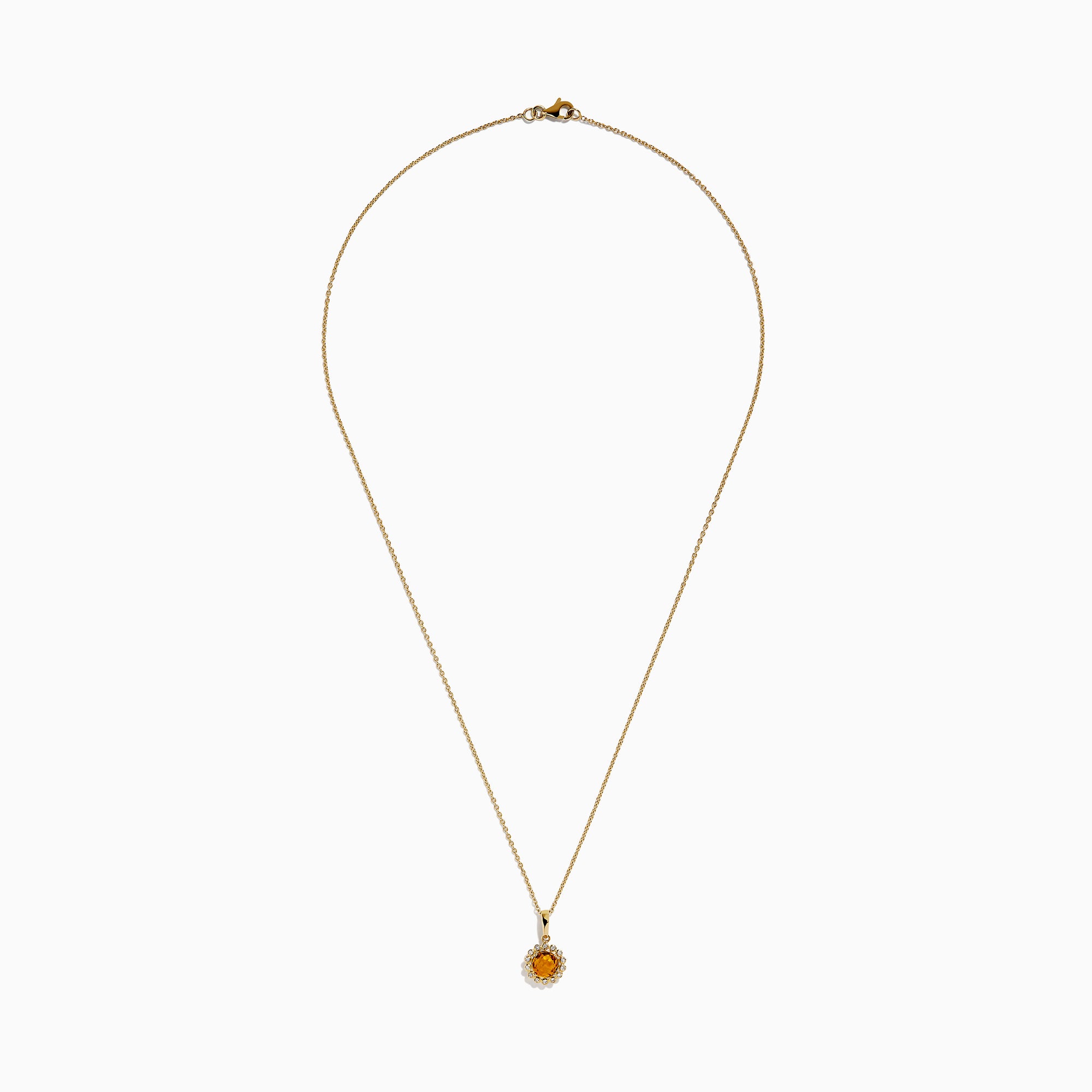 The 14K Yellow Gold Citrine and Diamond Halo Pendant features a round citrine center with a diamond halo, set on a gold chain and displayed against a white background.