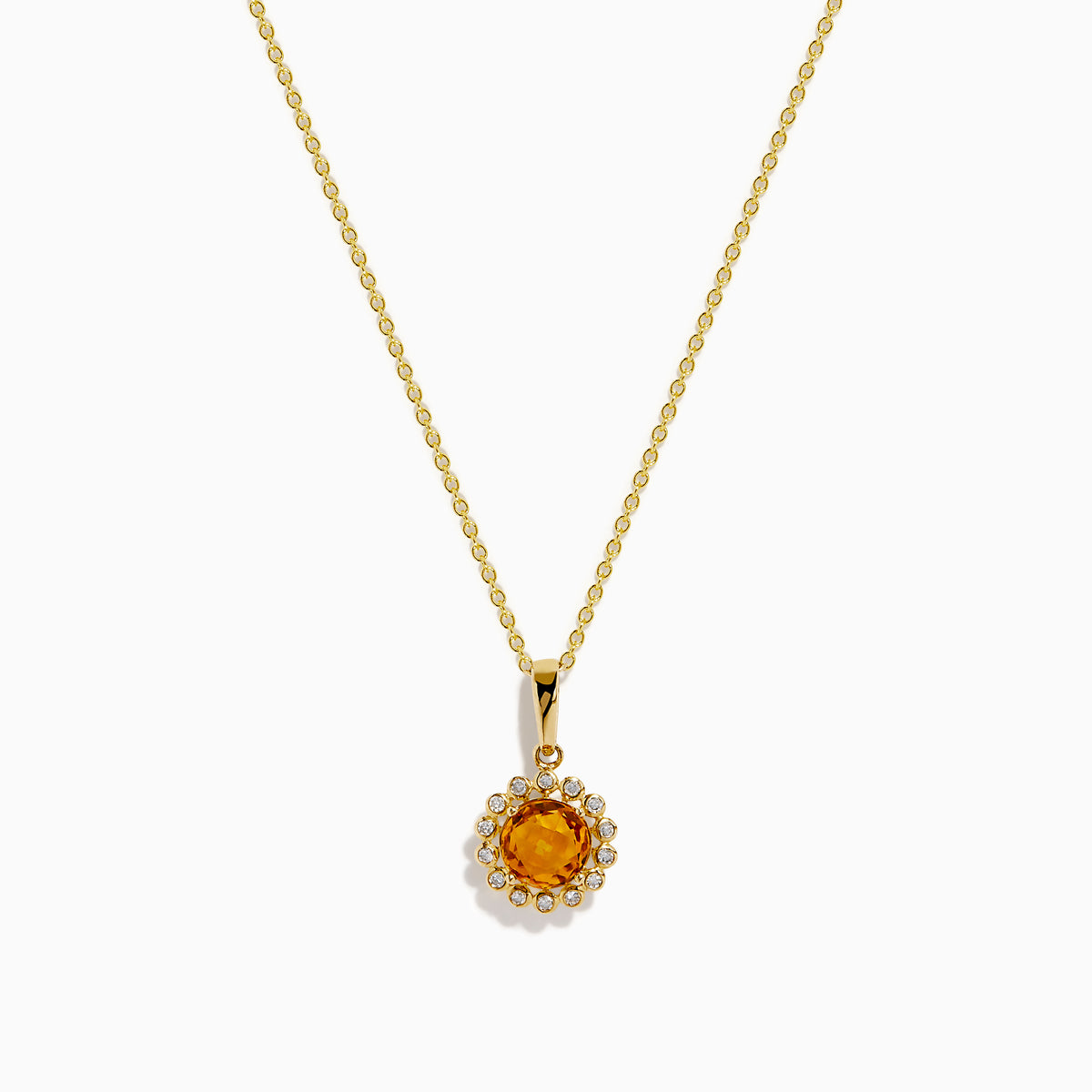 The 14K Yellow Gold Citrine and Diamond Halo Pendant features a round citrine center with a diamond halo, set on a gold chain and displayed against a white background.