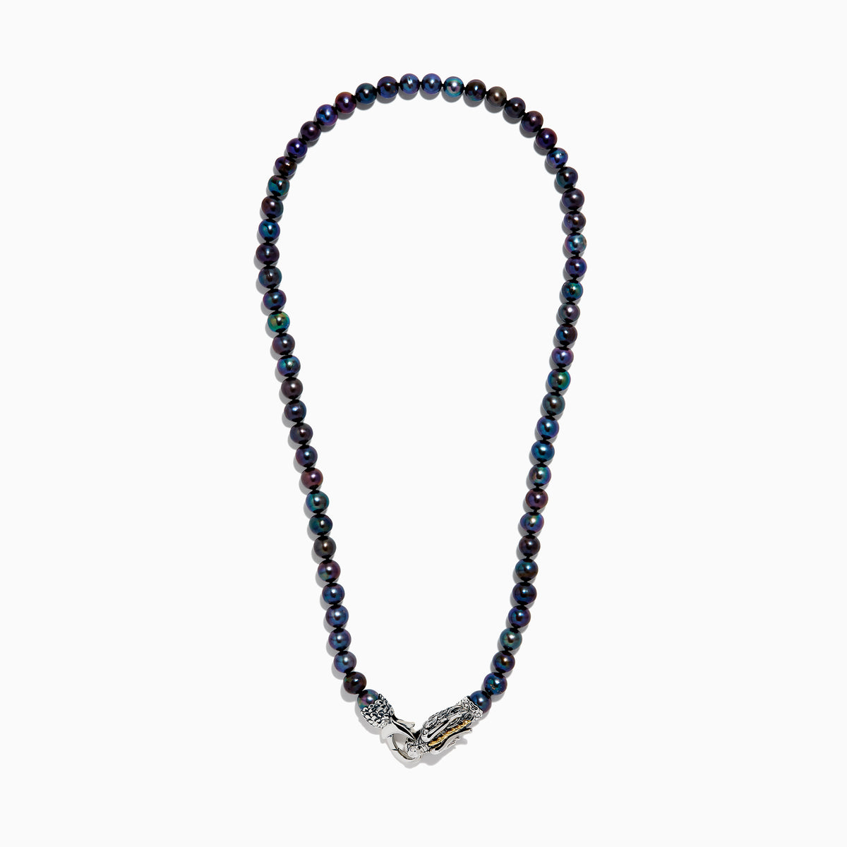 The 925 Sterling Silver & 18K Gold Gray Freshwater Pearl Necklace features a silver dragon clasp with gold accents, displayed on a plain white background.