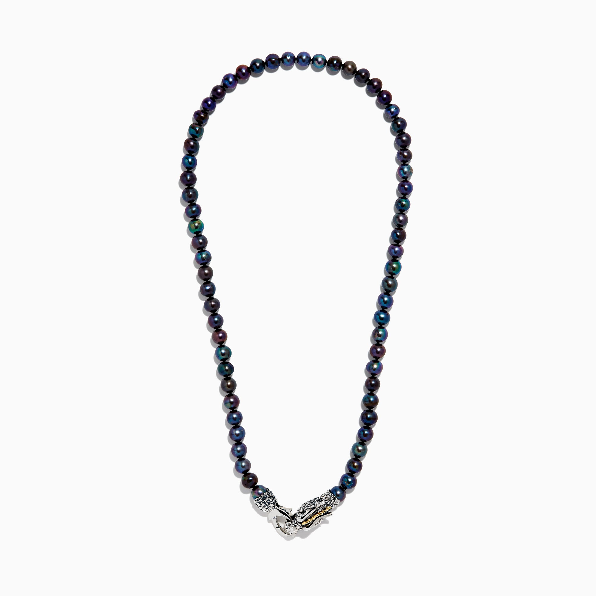 The 925 Sterling Silver & 18K Gold Gray Freshwater Pearl Necklace features a silver dragon clasp with gold accents, displayed on a plain white background.
