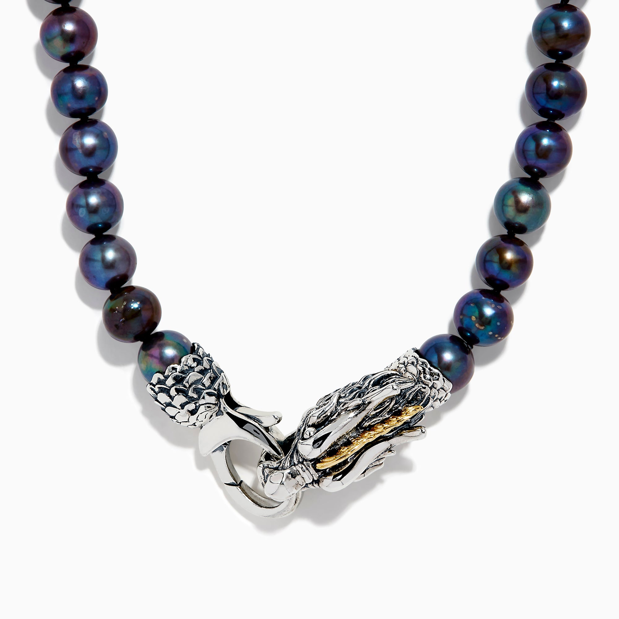The 925 Sterling Silver & 18K Gold Gray Freshwater Pearl Necklace features a silver dragon clasp with gold accents, displayed on a plain white background.