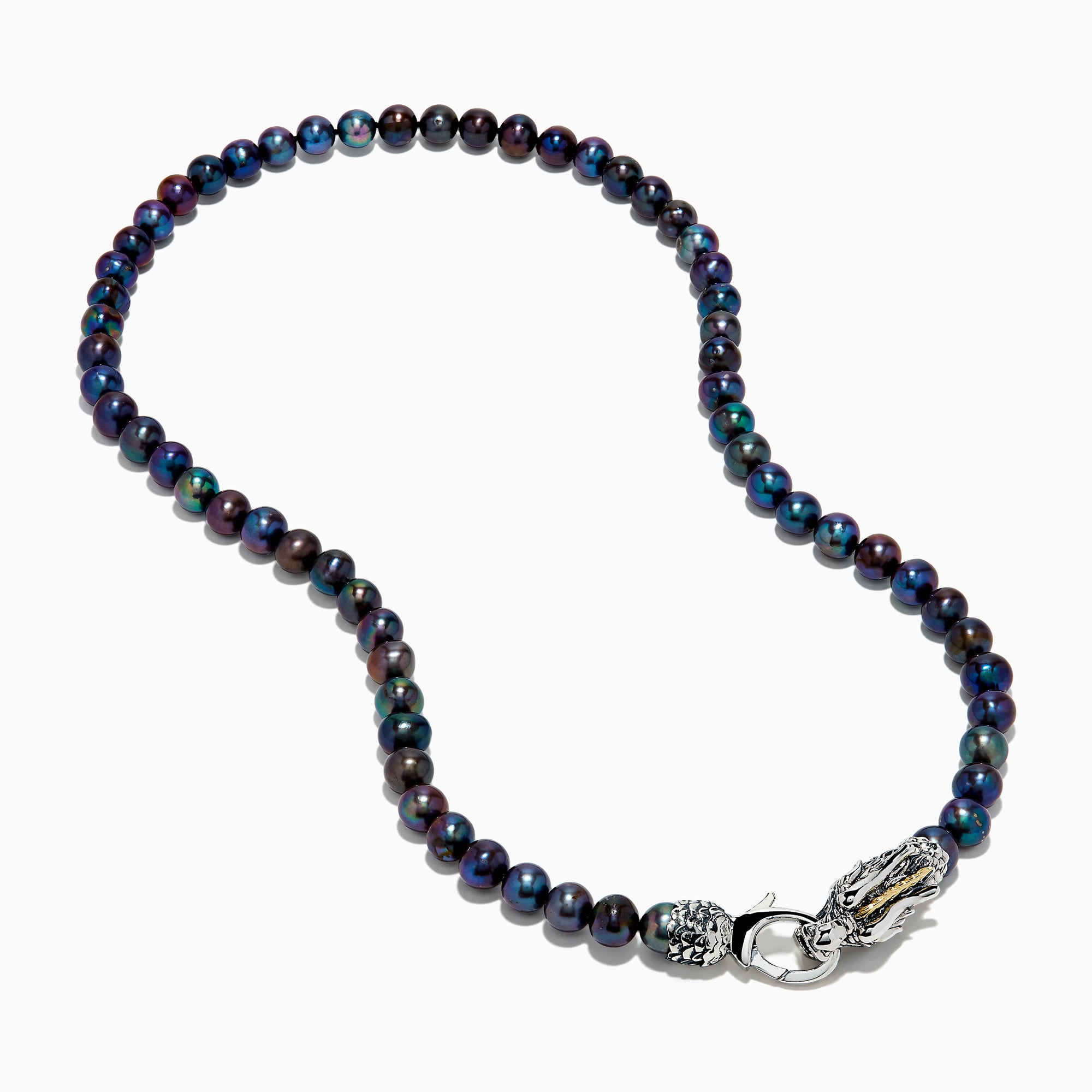 The 925 Sterling Silver & 18K Gold Gray Freshwater Pearl Necklace features a silver dragon clasp with gold accents, displayed on a plain white background.