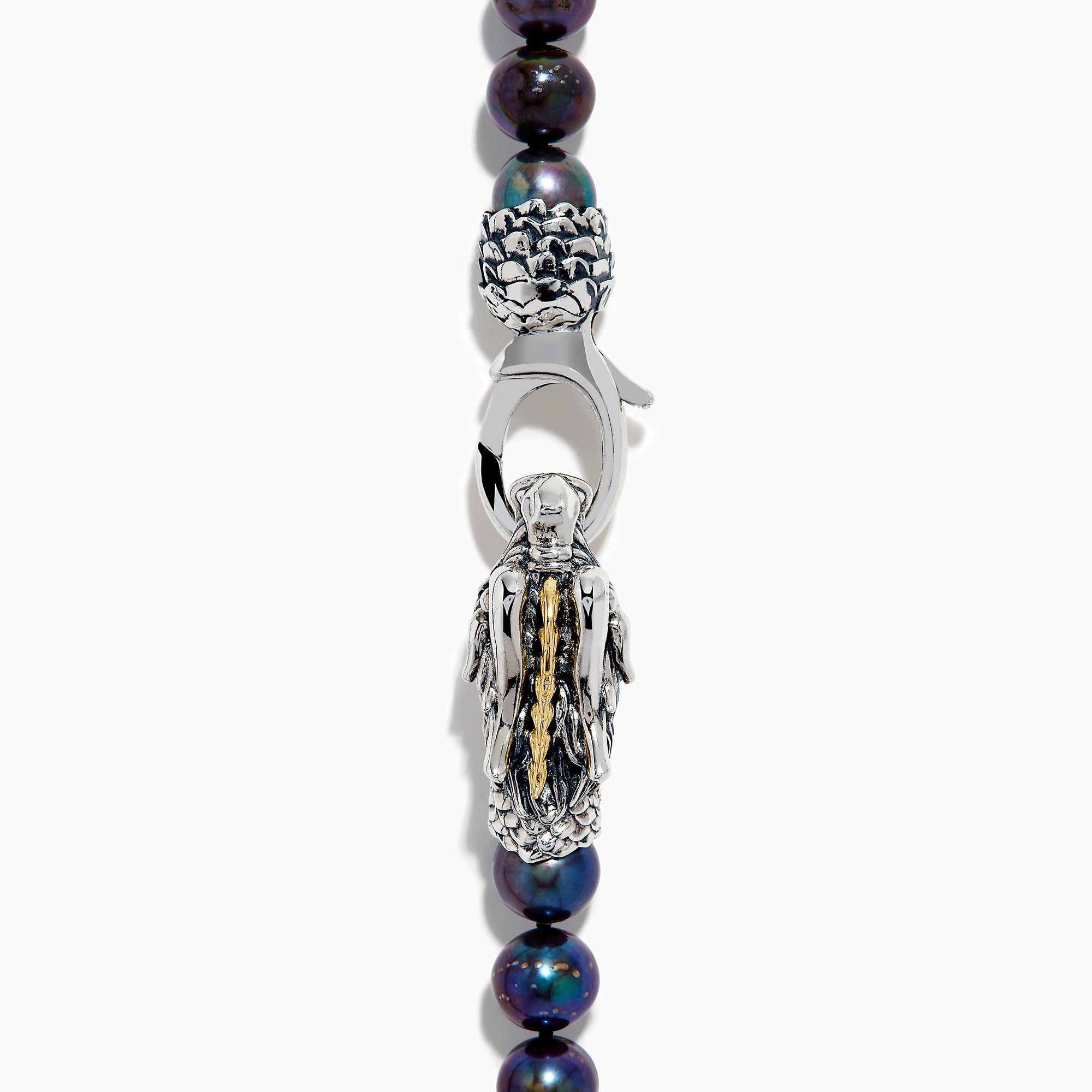 The 925 Sterling Silver & 18K Gold Gray Freshwater Pearl Necklace features a silver dragon clasp with gold accents, displayed on a plain white background.