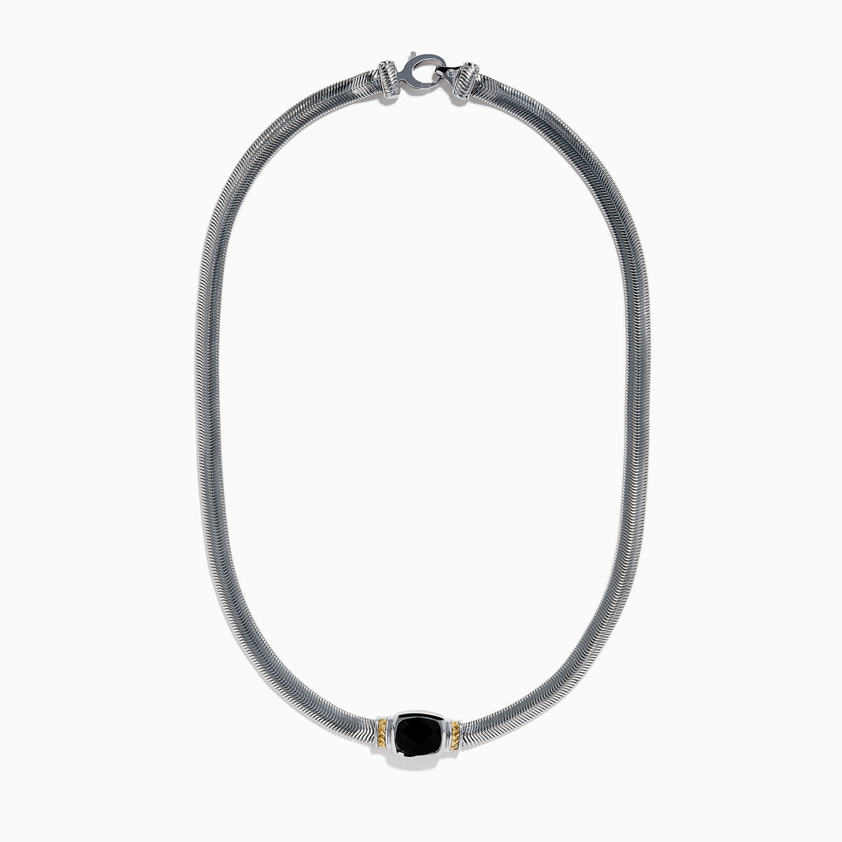 The Eclipse 925 Sterling Silver and 14K Yellow Gold Onyx Necklace features a snake chain and a central black onyx gemstone in an elegant silver and yellow gold-accented setting.