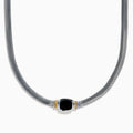 The Eclipse 925 Sterling Silver and 14K Yellow Gold Onyx Necklace features a snake chain and a central black onyx gemstone in an elegant silver and yellow gold-accented setting.