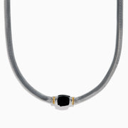 The Eclipse 925 Sterling Silver and 14K Yellow Gold Onyx Necklace features a snake chain and a central black onyx gemstone in an elegant silver and yellow gold-accented setting.
